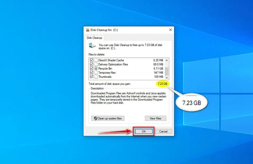 Cửa sổ Disk Cleanup liệt kê các file tạm thời cần xóa để làm máy tính chạy nhanh hơn.