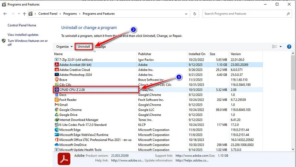 Danh sách phần mềm đã cài đặt hiển thị trong Control Panel, chuẩn bị gỡ bỏ để tối ưu hiệu suất.