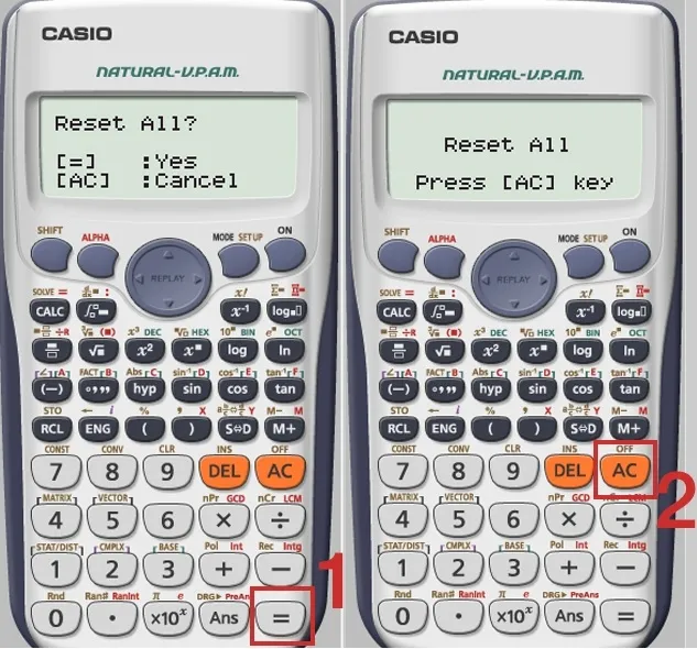 Quy trình xóa chế độ làm tròn tự động bằng cách Reset toàn bộ máy tính Casio (SHIFT -> 9 -> 3 -> = -> AC)