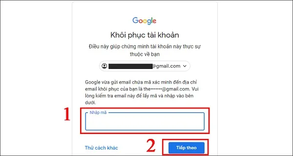 Xác nhận mã từ Email Dự Phòng để khôi phục tài khoản