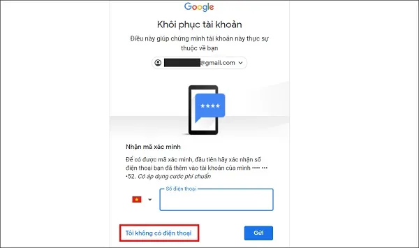 Chọn "Tôi không có số điện thoại" để chuyển sang dùng Email Dự Phòng