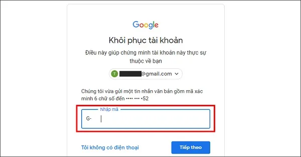Nhập Mã Xác Minh để tiếp tục quá trình Lấy Lại Mật Khẩu Gmail