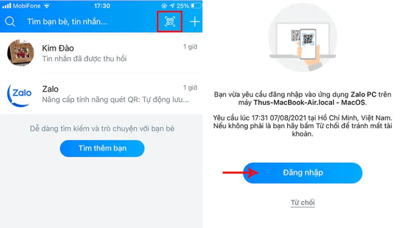Sử dụng điện thoại để quét mã QR nhằm đăng nhập Zalo trên máy tính