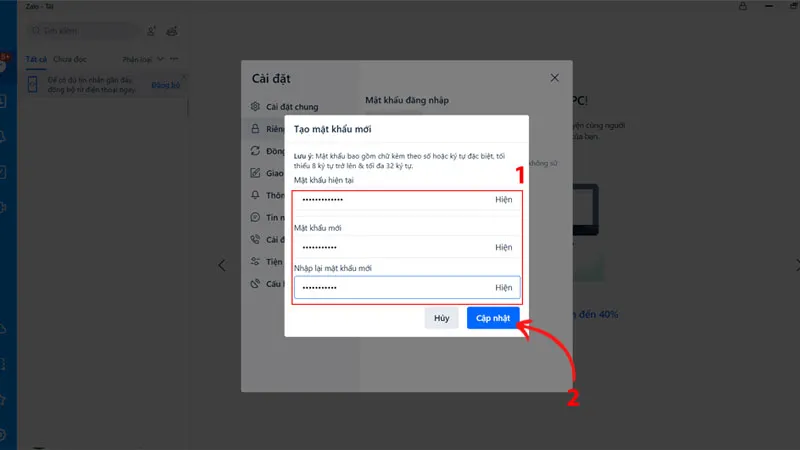 Hoàn tất việc đổi mật khẩu Zalo bằng cách nhập mật khẩu cũ và mật khẩu mới