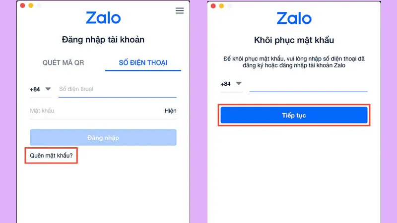 Bước 1 trên máy tính: Nhấn Quên mật khẩu Zalo PC và điền số điện thoại