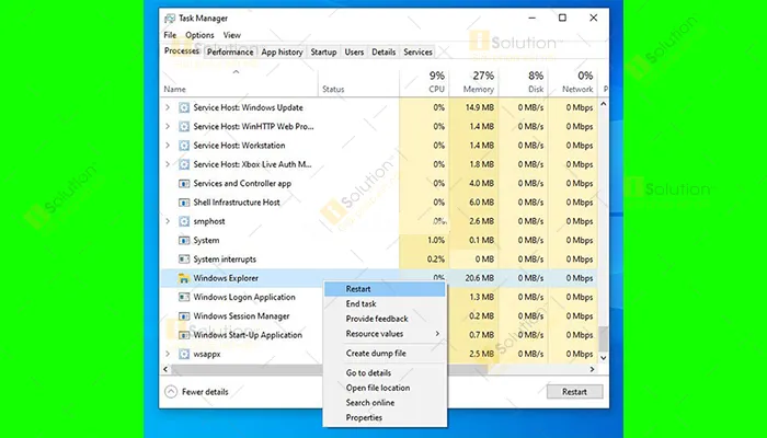 Chọn tiến trình Windows Explorer và thực hiện lệnh Restart để khắc phục lỗi đóng băng hệ thống