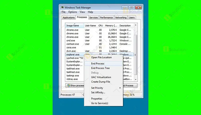 Kết thúc tiến trình Explorer.exe trong Task Manager trước khi tạo tác vụ mới