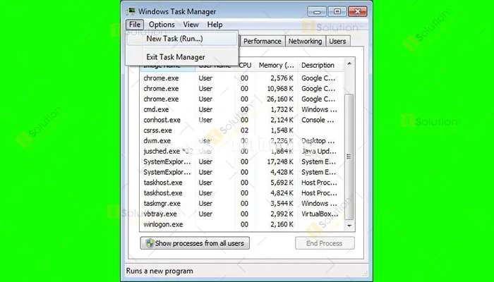 Chọn File và New Task (Run...) để mở cửa sổ Create New Task