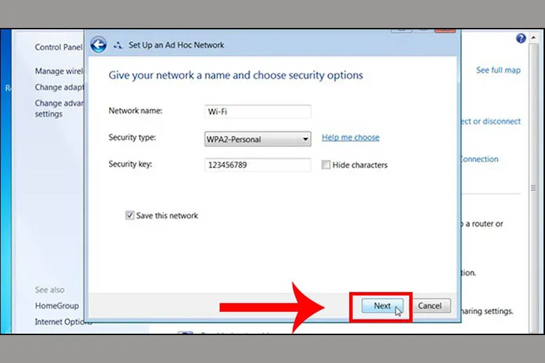 Thiết lập tên mạng, loại bảo mật và mật khẩu cho Ad Hoc Network