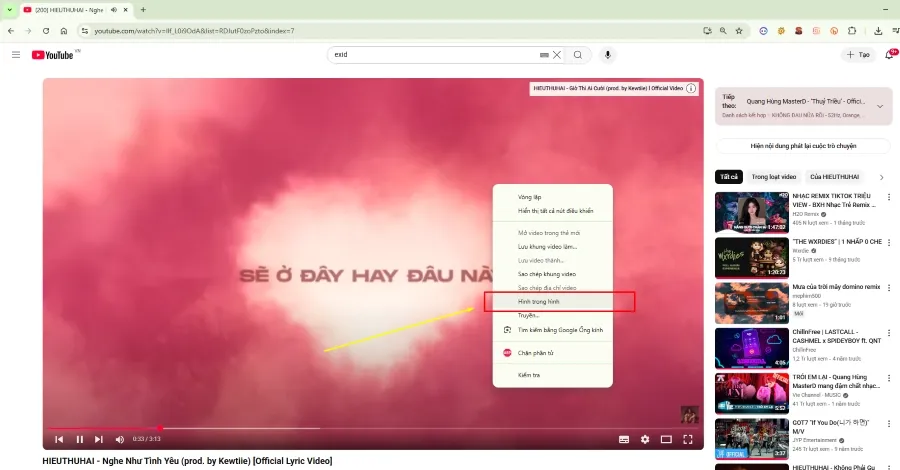 Biểu tượng Picture-in-Picture (PiP) cho phép tách video thành cửa sổ nổi khi phóng to màn hình youtube trên máy tính.