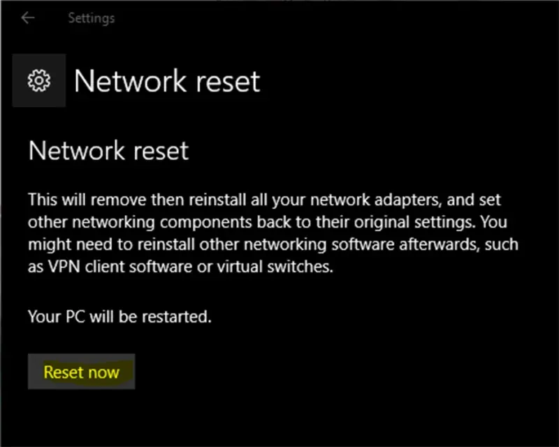 Thông báo cuối cùng xác nhận việc khởi động lại máy tính sau khi reset mạng trên Windows 10