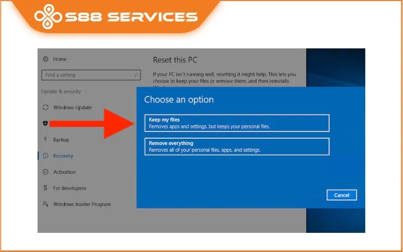 Cửa sổ tùy chọn Reset this PC trong Windows, làm nổi bật lựa chọn 'Keep my files' để thực hiện cách reset dữ liệu máy tính mà vẫn giữ lại các tệp cá nhân.