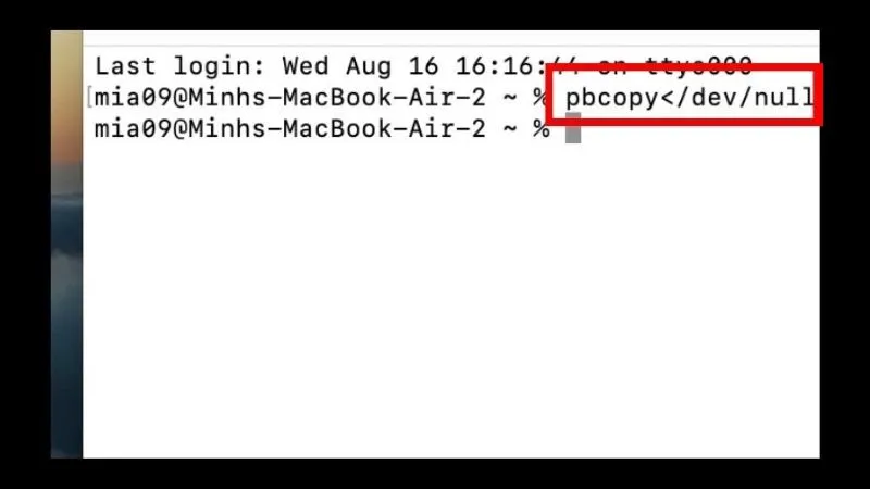Giao diện Terminal trên macOS, nơi thực hiện lệnh pbcopy để xóa Clipboard