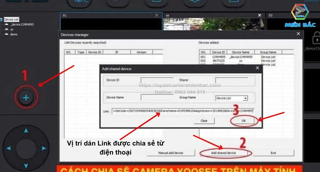 Giao diện thêm thiết bị chia sẻ (Add share device) để kết nối camera giám sát trên CMS Client