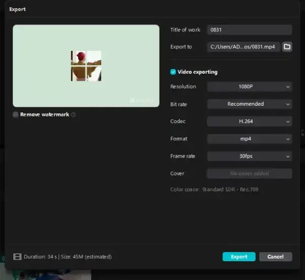 Giao diện Export (Xuất file) trong CapCut, thiết lập độ phân giải và định dạng video cuối cùng