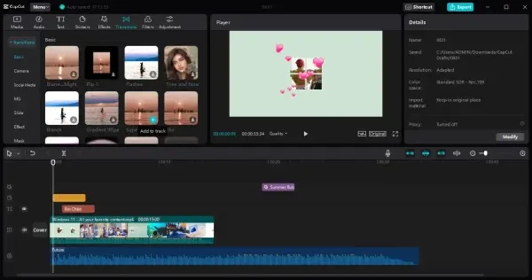 Thêm hiệu ứng chuyển cảnh (Transitions) giữa các clip trong quá trình chỉnh sửa video trên máy tính