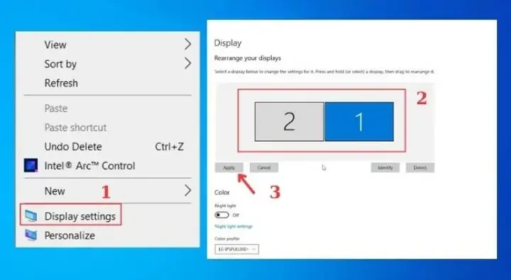 Cách sử dụng nhiều màn hình trên một máy tính: Một cửa sổ cài đặt hiển thị đa màn hình trong Windows 10 hoặc 11, hiển thị cách người dùng sắp xếp vị trí vật lý và chọn chế độ mở rộng màn hình (Extend these displays).