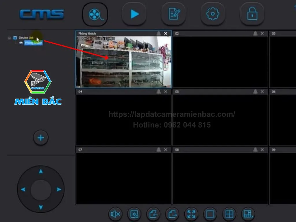 Giao diện phần mềm CMS Client sau khi đăng nhập thành công để điều khiển và sử dụng camera máy tính