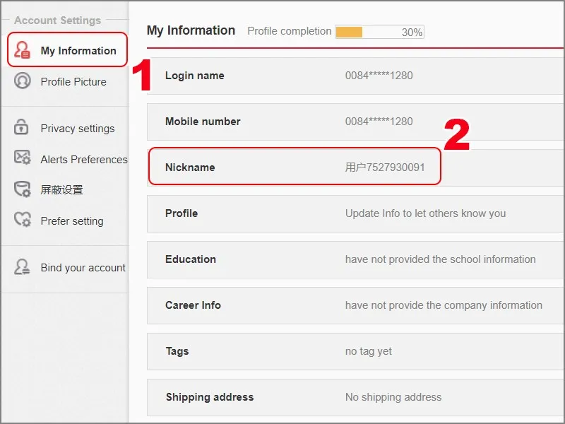 Lựa chọn Nickname trong mục My information để đổi tên