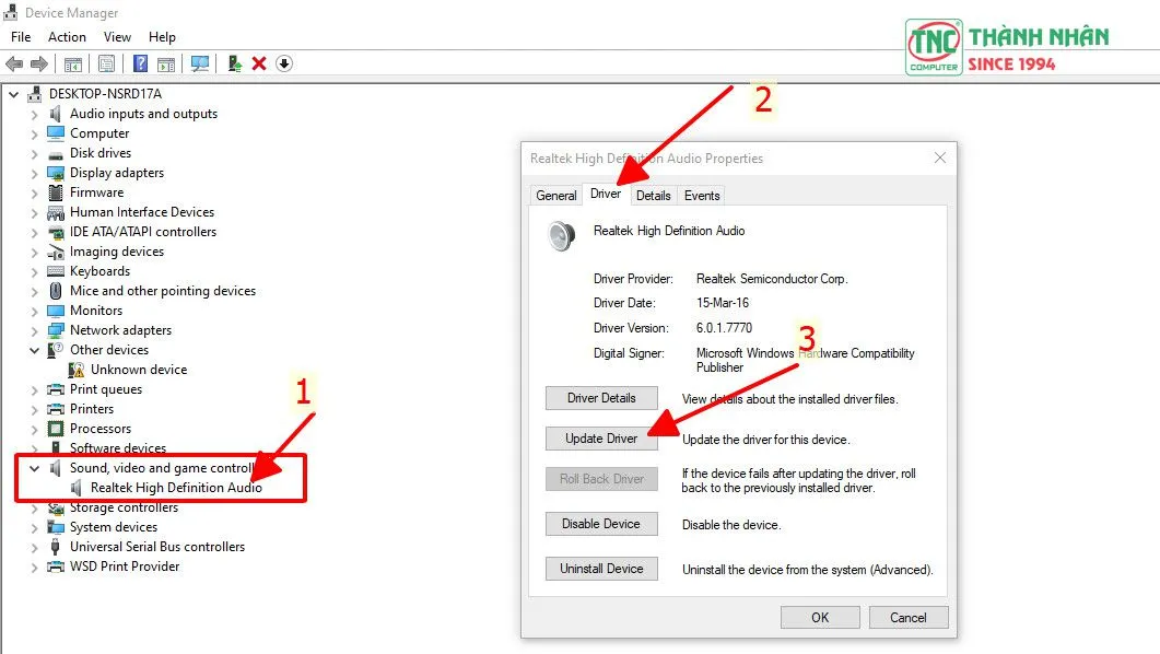 Danh sách Sound, video and game controllers trong Device Manager để cập nhật trình điều khiển