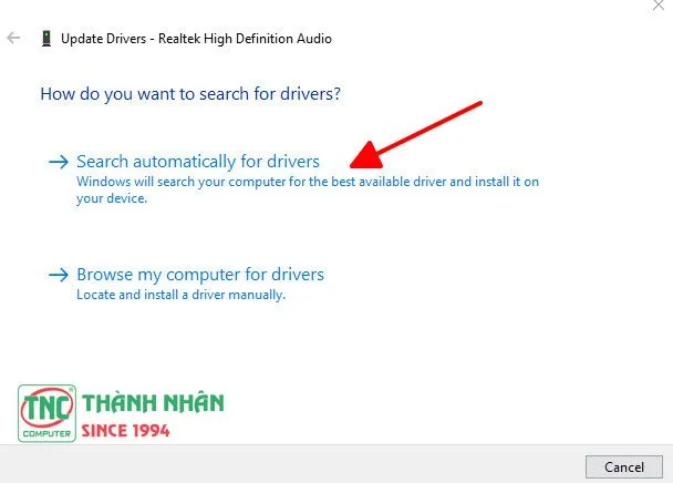 Hộp thoại Update Driver Software để tìm kiếm trình điều khiển mới nhất