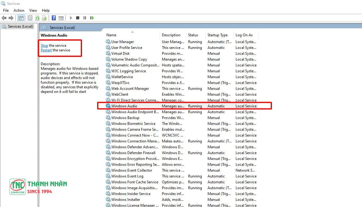 Cấu hình dịch vụ Windows Audio trong services.msc để khắc phục lỗi âm thanh