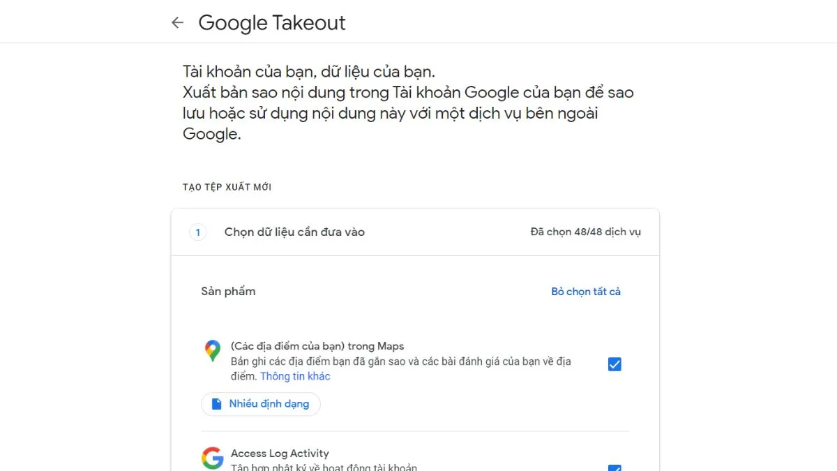 Giao diện Google Takeout, bỏ chọn tất cả và chỉ chọn Google Photos để xuất dữ liệu hàng loạt