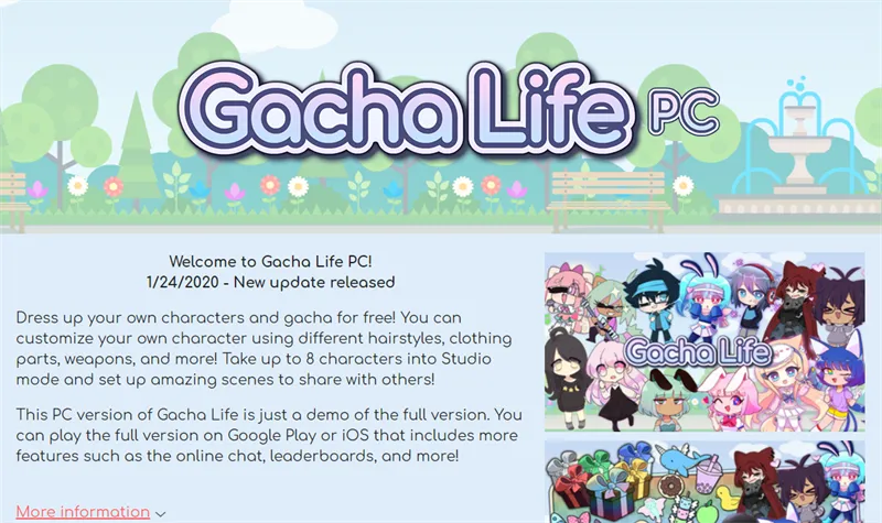 Giao diện trang tải Gacha Life chính thức của Lunime, minh họa cách tải Gacha Life trên máy tính miễn phí