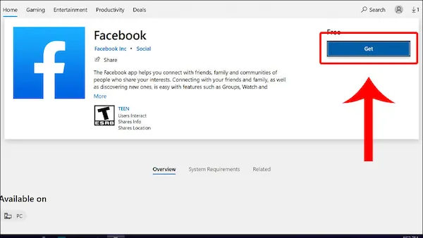 Chọn nút Install để tải ứng dụng Facebook về máy tính