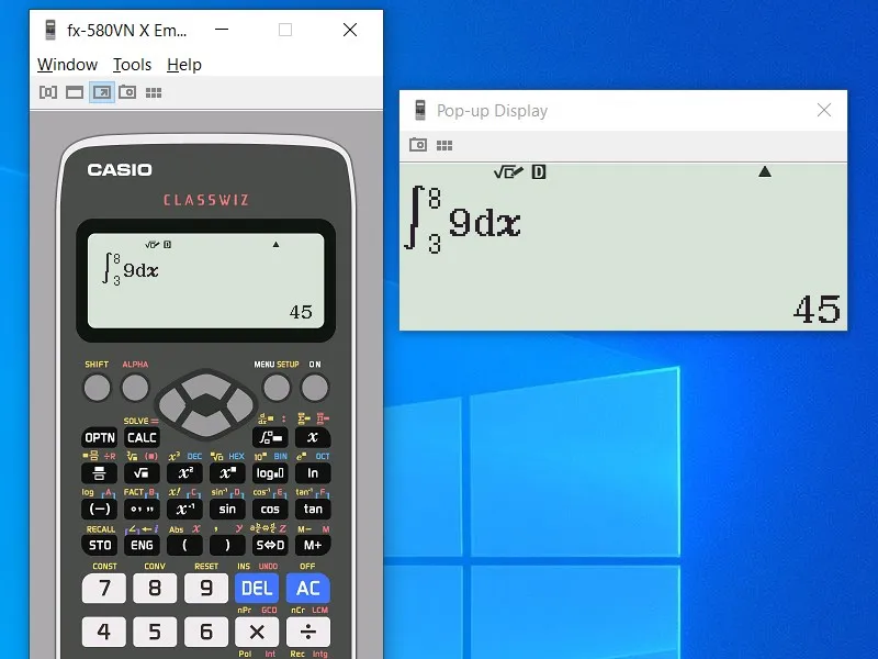 Màn hình Pop-up Display riêng biệt hiển thị nội dung phép tính lớn, một tính năng giả lập Casio hữu ích