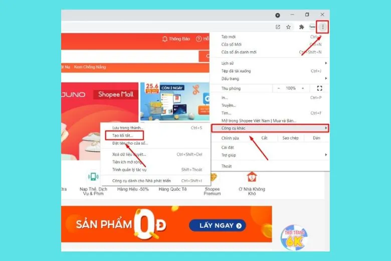 Cài đặt Shopee PWA trên Google Chrome bằng cách chọn Tạo lối tắt