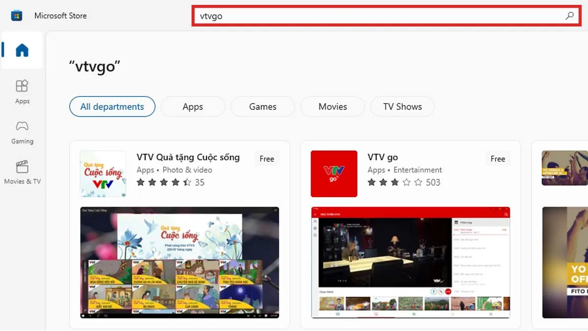 Tìm kiếm ứng dụng VTV Go trong cửa hàng Microsoft Store khi thực hiện cách tải VTV Go trên máy tính