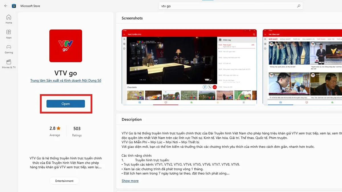 Mở ứng dụng VTV Go sau khi hoàn tất quá trình cài đặt từ Microsoft Store, bước tiếp theo trong hướng dẫn cách tải VTV Go trên máy tính