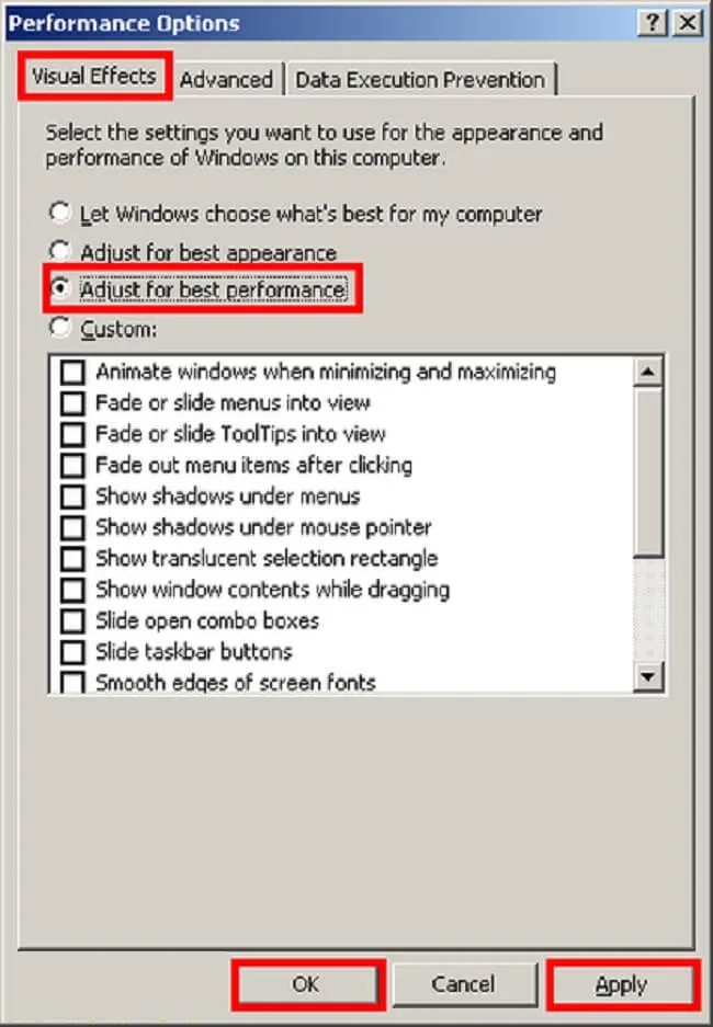 Lựa chọn 'Adjust for best performance' để vô hiệu hóa các hiệu ứng hình ảnh trên laptop