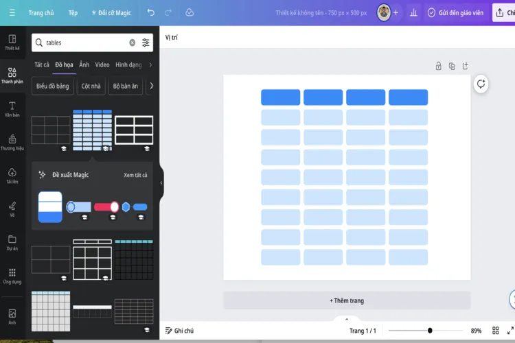 Hướng dẫn chèn thành phần bảng (Table) trong Canva trên máy tính