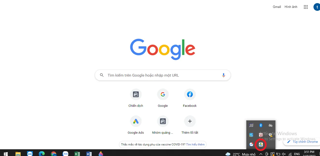 Biểu tượng ứng dụng Google Drive trên thanh tác vụ sau khi tạo ổ đĩa ảo thành công.