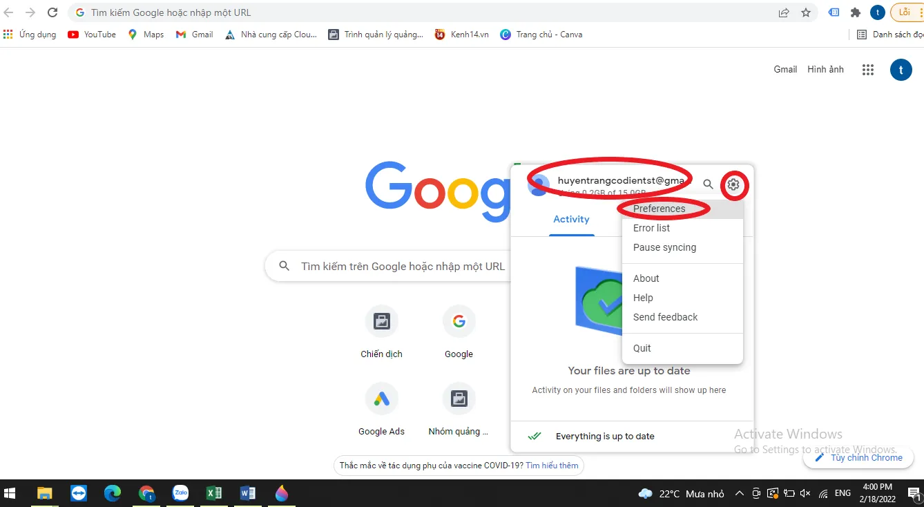 Truy cập Cài đặt Preferences trong giao diện Google Drive Desktop để thay đổi cấu hình.