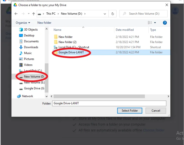 Hướng dẫn tạo thư mục mới trên ổ đĩa D để đặt làm vị trí lưu trữ cho Google Drive.
