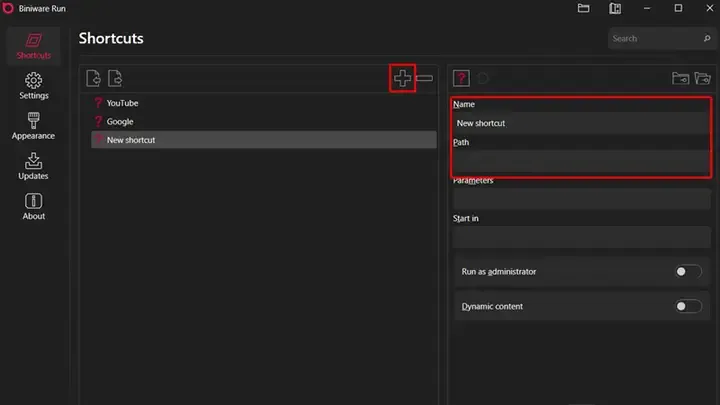 Hình ảnh giao diện cửa sổ cấu hình của phần mềm Biniware Run, cho thấy cách thêm các lối tắt (shortcut) với tên, đường dẫn và các tùy chọn tùy chỉnh khác.