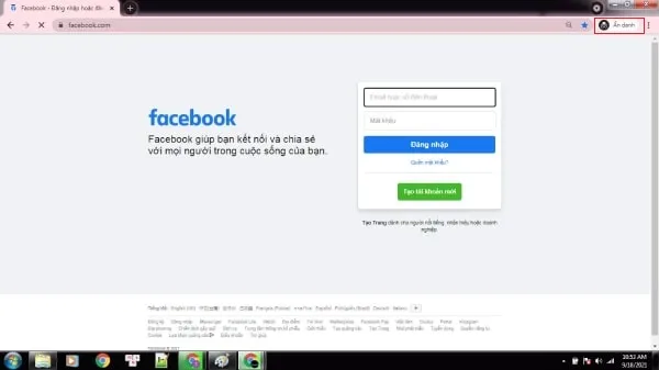 Màn hình đăng nhập tài khoản Facebook trong cửa sổ ẩn danh