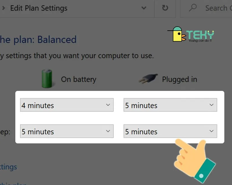 Giao diện Edit Plan Settings cho phép điều chỉnh thời gian Sleep và tắt màn hình