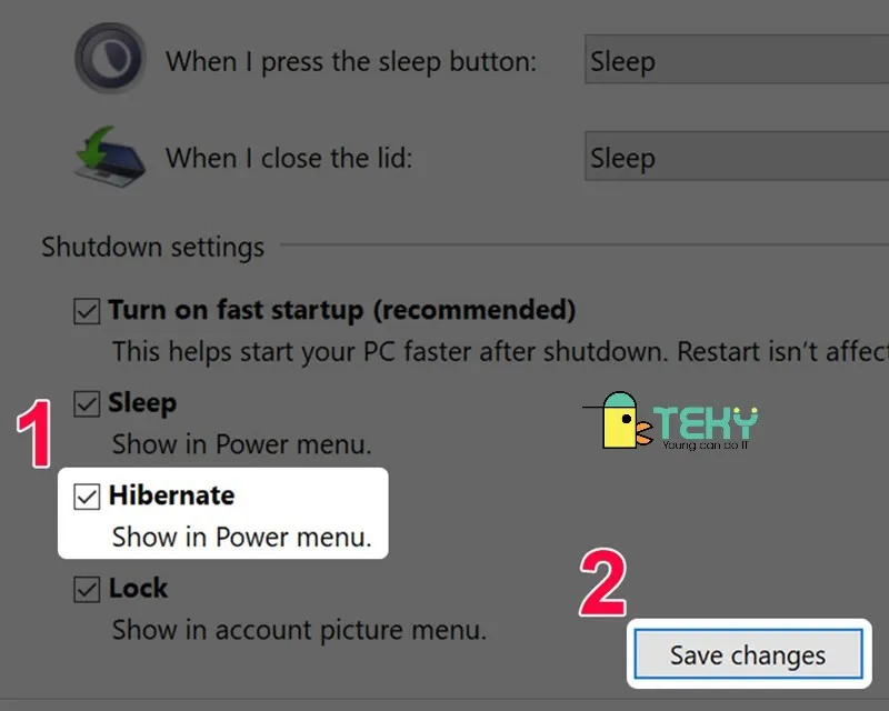 Bỏ chọn Hibernate trong Shutdown settings để tắt chế độ ngủ đông trên máy tính