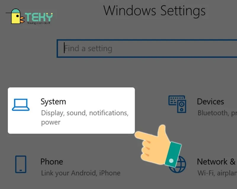 Giao diện Windows Settings, chọn System để thay đổi cài đặt hệ thống