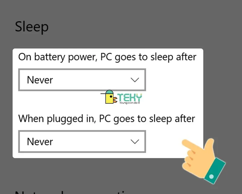 Chọn Never trong Power &amp; Sleep để tắt chế độ ngủ máy tính vĩnh viễn
