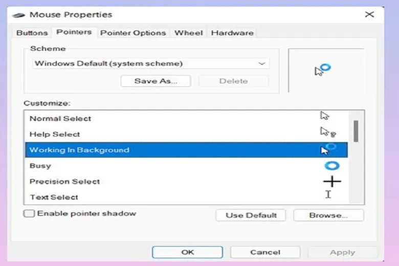 Tùy chỉnh từng trạng thái con trỏ (Customize) như Normal Select bằng cách chọn Browse trong tab Pointers.