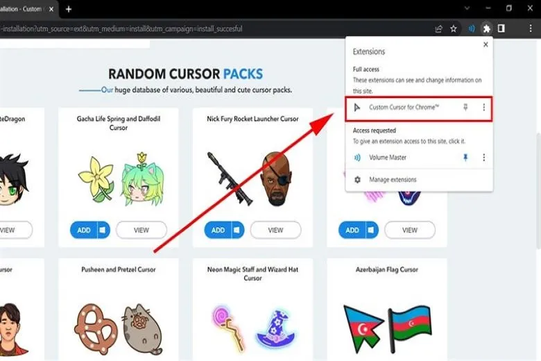 Bật tiện ích Custom Cursor for Chrome sau khi cài đặt để áp dụng các bộ sưu tập con trỏ mới lạ.
