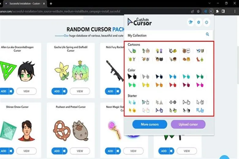 Lựa chọn các mẫu con trỏ chuột độc đáo từ thư viện Custom Cursor sau khi hoàn tất cách đổi chuột máy tính.