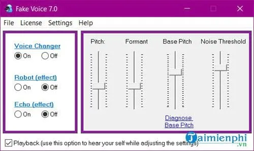 Giao diện chính của phần mềm Fake Voice trước khi tùy chỉnh hiệu ứng giọng nói
