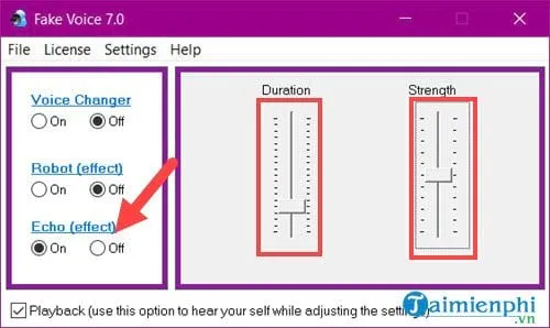 Điều chỉnh tham số Duration và Strength cho hiệu ứng âm vọng (Echo) trong phần mềm đổi giọng
