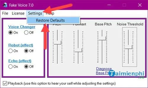 Khôi phục cài đặt mặc định (Restore Defaults) trong phần mềm đổi giọng nói